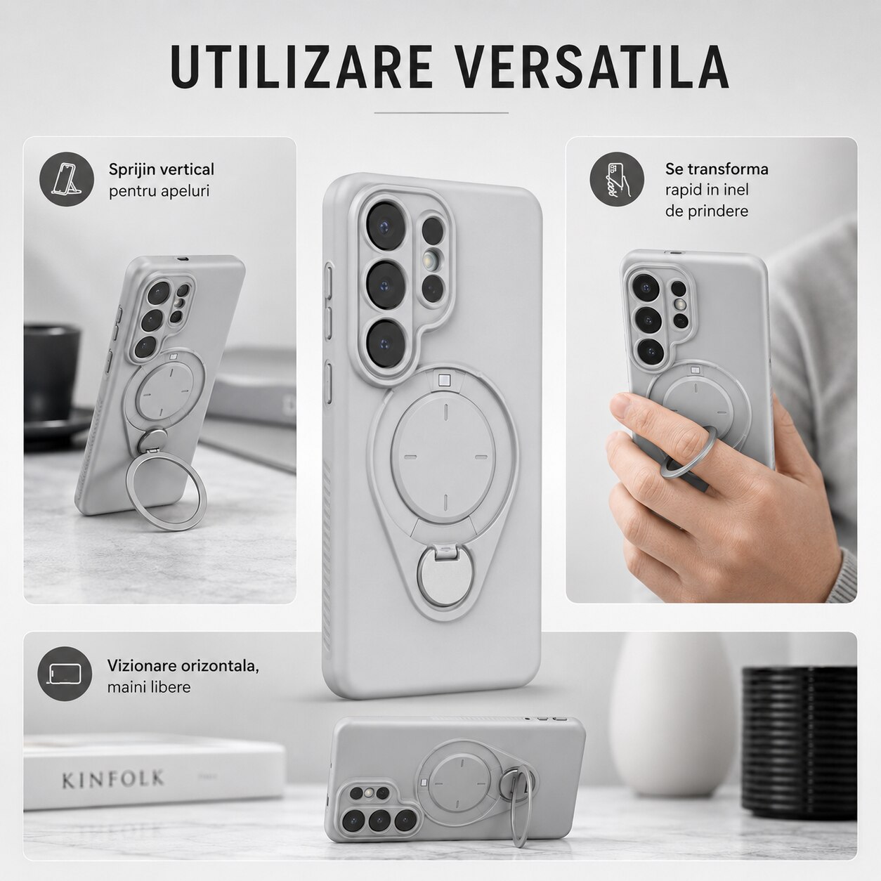 Husa pentru Samsung Galaxy S26 Ultra, Silicon, Suport Magnetic Rotativ 360 Grade, Protectie Militara, Anti-Soc, Ultra-Subtire, Gri Deschis