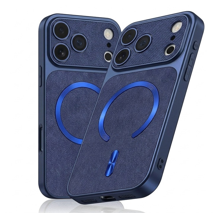 Husa pentru iPhone 17 Pro Max, Magnetica, Magsafe, Textura Textila, Rezistenta la Socuri, Protectie Camera, Albastru Inchis