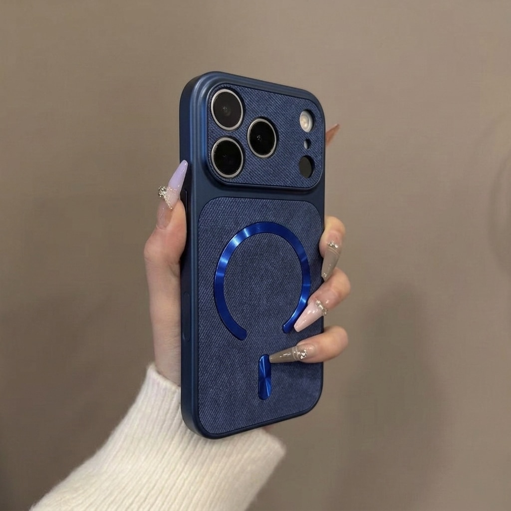 Husa pentru iPhone 17 Pro Max, Magnetica, Magsafe, Textura Textila, Rezistenta la Socuri, Protectie Camera, Albastru Inchis