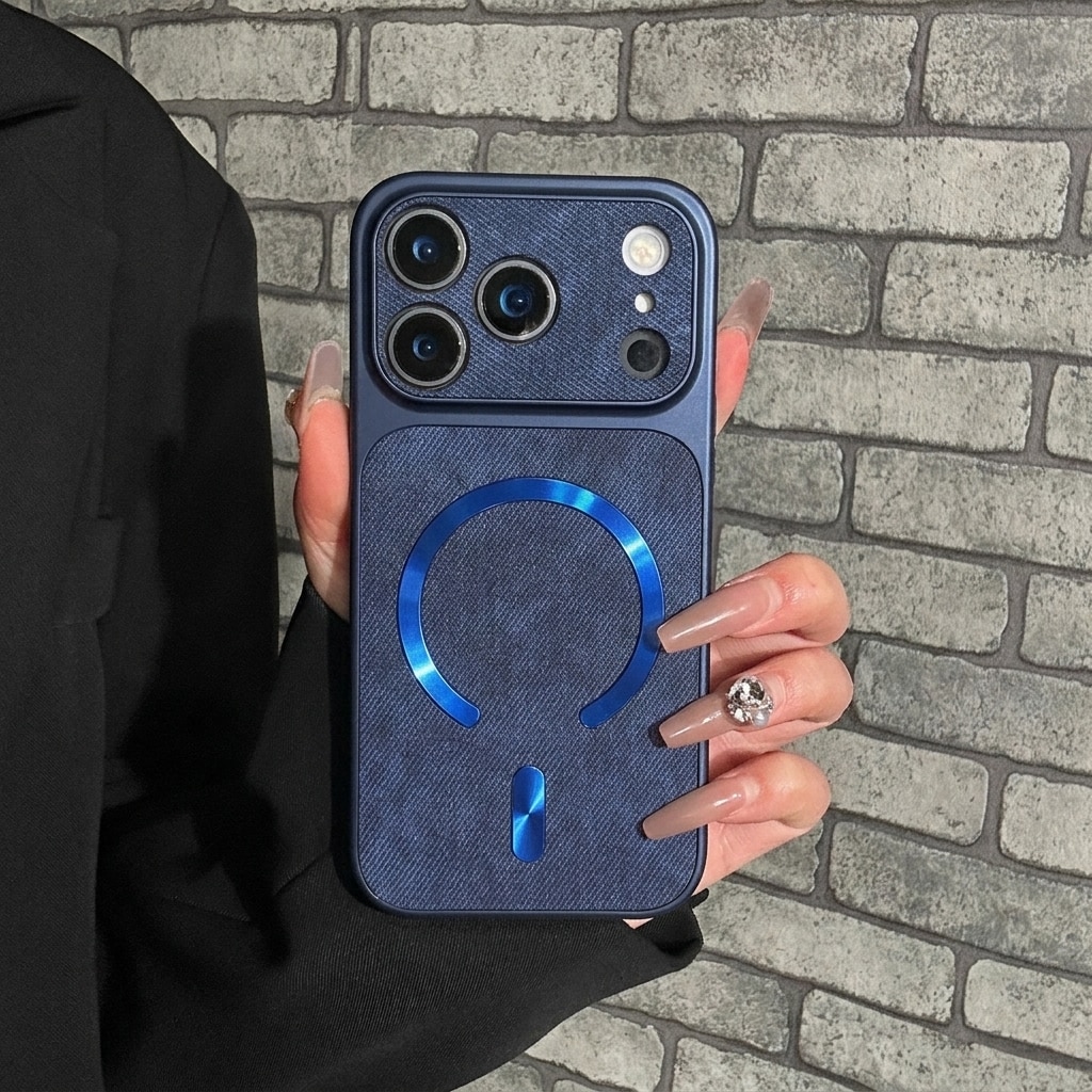 Husa pentru iPhone 17 Pro Max, Magnetica, Magsafe, Textura Textila, Rezistenta la Socuri, Protectie Camera, Albastru Inchis