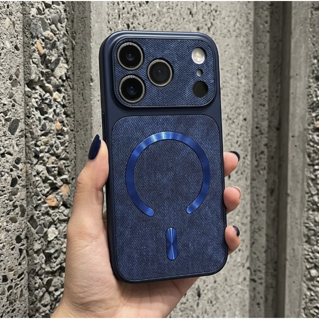 Husa pentru iPhone 17 Pro Max, Magnetica, Magsafe, Textura Textila, Rezistenta la Socuri, Protectie Camera, Albastru Inchis