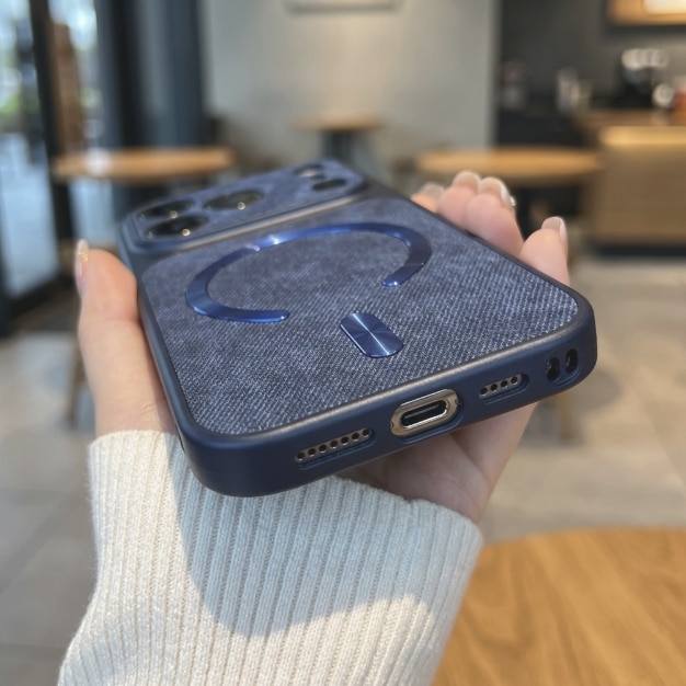 Husa pentru iPhone 17 Pro Max, Magnetica, Magsafe, Textura Textila, Rezistenta la Socuri, Protectie Camera, Albastru Inchis
