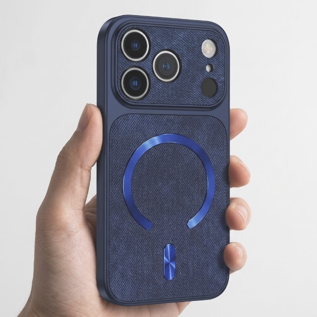 Husa pentru iPhone 17 Pro Max, Magnetica, Magsafe, Textura Textila, Rezistenta la Socuri, Protectie Camera, Albastru Inchis