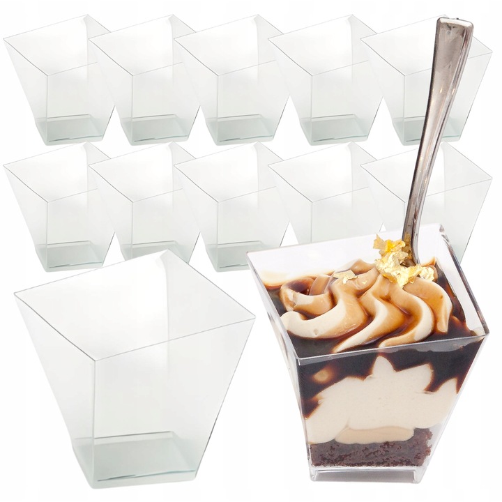 Set 10 cupe patrate transparente pentru deserturi, Słodka Fanaberia, 60 ml, 55x55x55 mm, polistiren rezistent