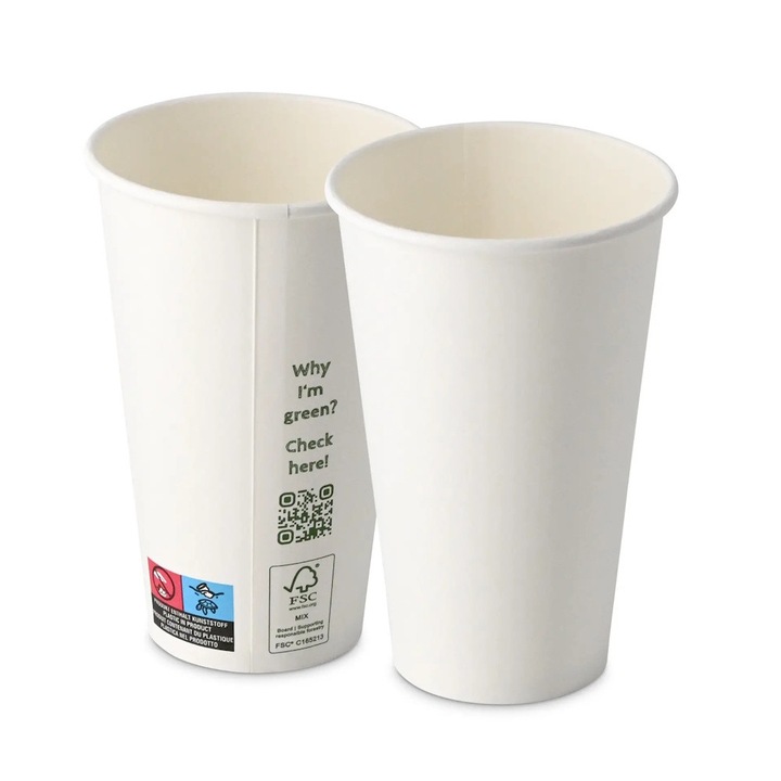50 darabos PLA-karton pohár készlet, fehér, 480 ml, O 90 mm