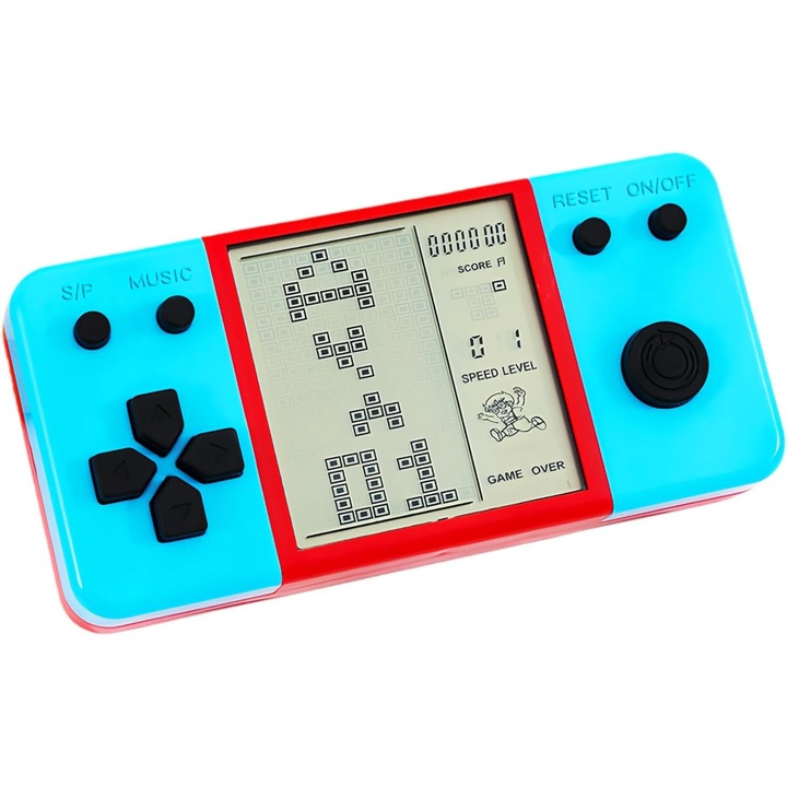 Retro hordozható játékkonzol, kézi konzol 26 játékkal, tetris, kék-piros, 10x15cm