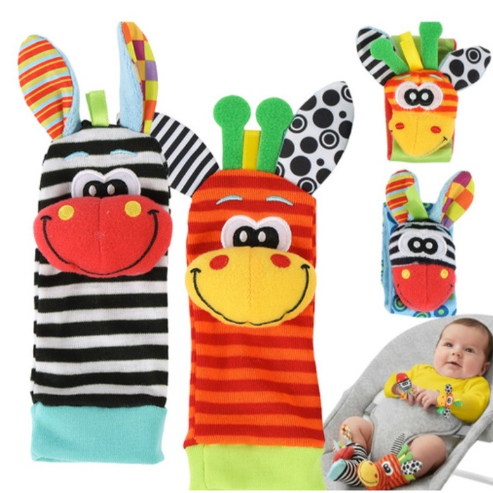 KESNUP interaktív csörgő zokni és csörgő karkötő szett babáknak, 2 zokni és 2 karkötő, biztonságos anyagok fogzáshoz és rágáshoz, a motoros készségek, koordináció vagy figyelem fejlesztésére, zebra, zsiráf mintás, textil anyag, többszínű