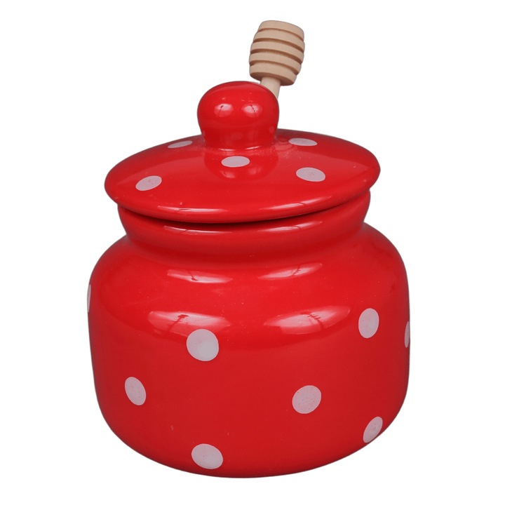 Vas ceramic pentru miere cu buline albe, 400 ml, 13 x 11 cm, Rosu, include capac si lingura din lemn