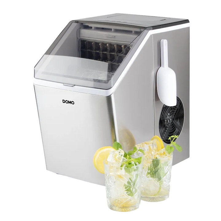 Masina pentru cuburi de gheata DOMO, capacitate 20 kg/zi, ideal pentru gin/cocktail, preparare rapida 16 min/ciclu, 3 marimi cuburi, tehnologie compresor, indicator pentru rezervor apa gol/container gheata plin, afisaj LED, timer, delay stop/start, inox