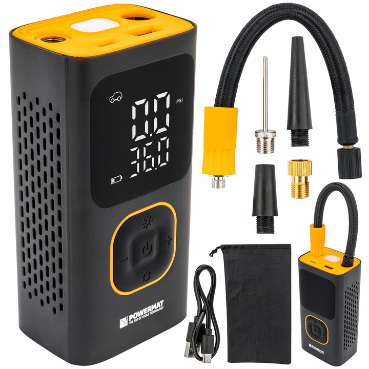 Compresor auto Powermat PM-KAP-150T, 10 bar, 4000 mAh, 2 in 1, multicolor, set complet