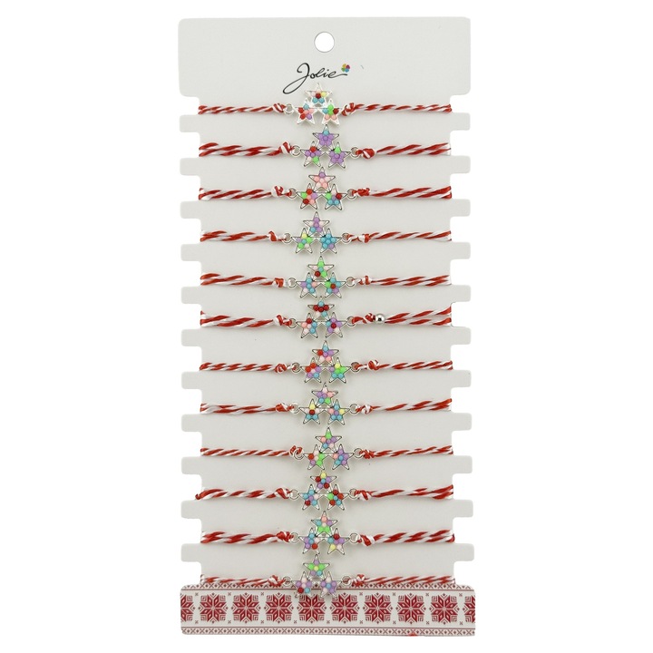 Bratara Martisor pentru Dama, Jolie, Model 3 Stele, Set 12 bucati, Pandativ Argintiu din Inox cu Elemente Multicolore, Snur Alb/Rosu