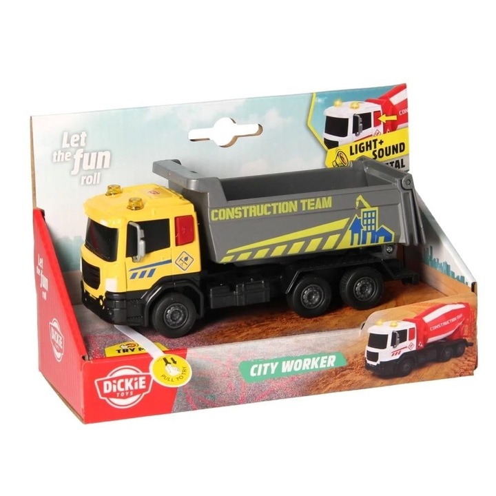 Dickie Toys City Worker építőipari teherautó, sárga, 17cm, fényekkel és hangokkal