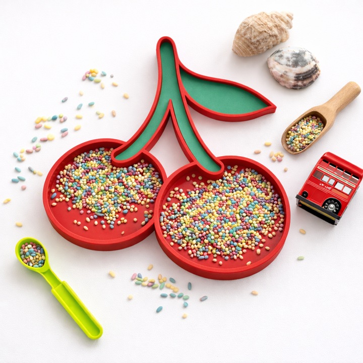 Tavita joaca senzoriala cirese cu frunze, tematica vara, joaca Montessori open ended, jucarii copii, baieti si fetite, jocuri educative copii, rosu si verde, 16 x 15.4 cm, imprimat 3D PLA (bioplastic)