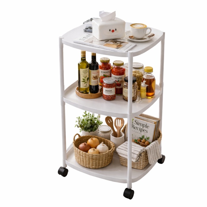 Masuta din plastic RAZO, 3 niveluri, 4 roti, Design compact pentru depozitare, Multifunctionala pentru baie, bucatarie, living, Alb