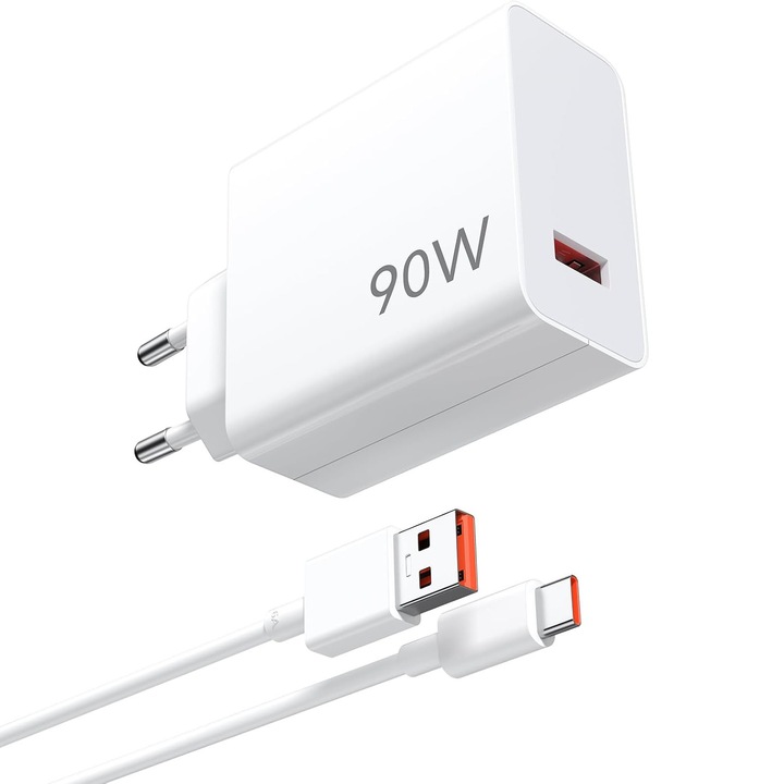 Зарядно устройство 90W с Type-C кабел, Bedee, турбо зареждане 6A, бяло, комплект 1м