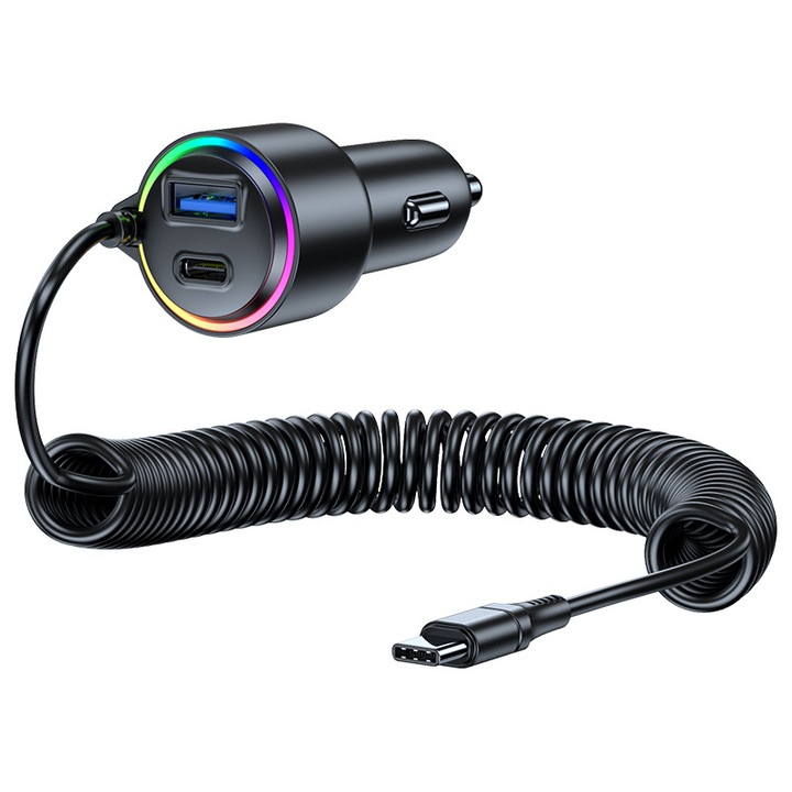 Incarcator auto 180W Super Fast Charge 5 in 1, Omelivon, PD 30W, Cablu Retractabil Type-C + Lightning, USB-A, Afisaj LED, Rotire 180°, Universal, Compatibil iPhone, Samsung, Huawei, Design Compact, Negru