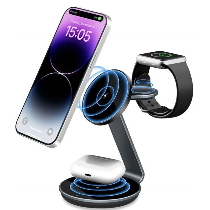 Statie de incarcare wireless 3-in-1, Fast Charge 15W, atractiva, neagra, 80x95x116mm