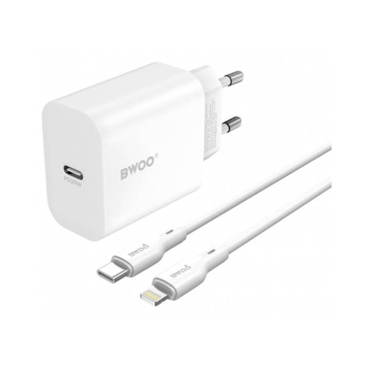 Încărcător Bwoo rețea cu cablu Lightning 20W 3A 1 x USB-C alb