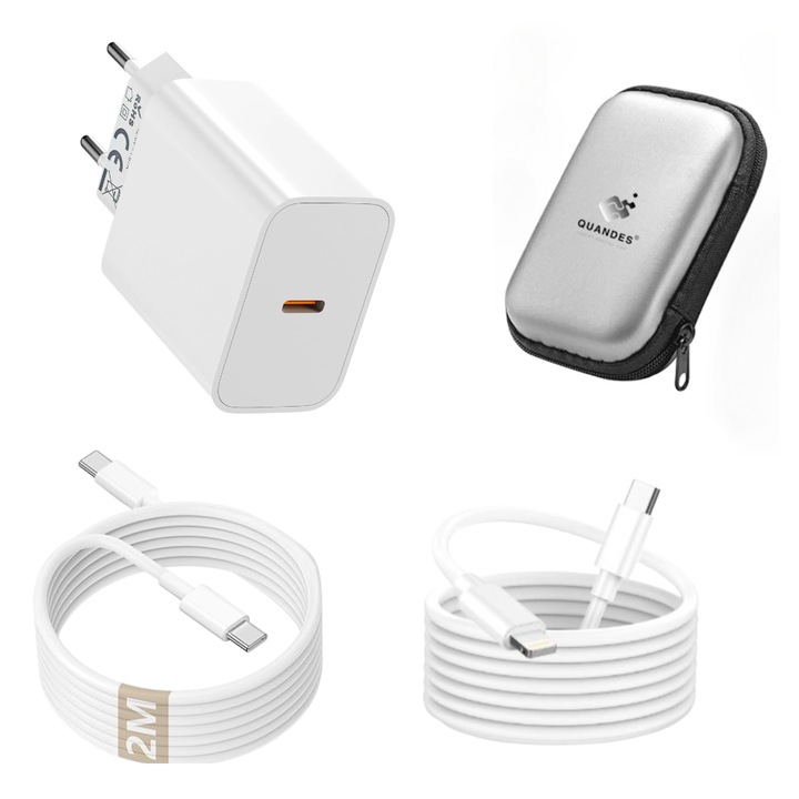 Kit încărcător QUANDES USB-C 20W PD, cablu C-C 2m 5A, cablu C-Light 2m, geantă portabilă, compatibil cu iPhone 17/16/15/14/13/12