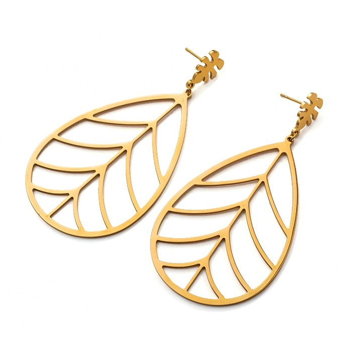 Cercei Trudie, aurii, din otel inoxidabil, in forma de frunza