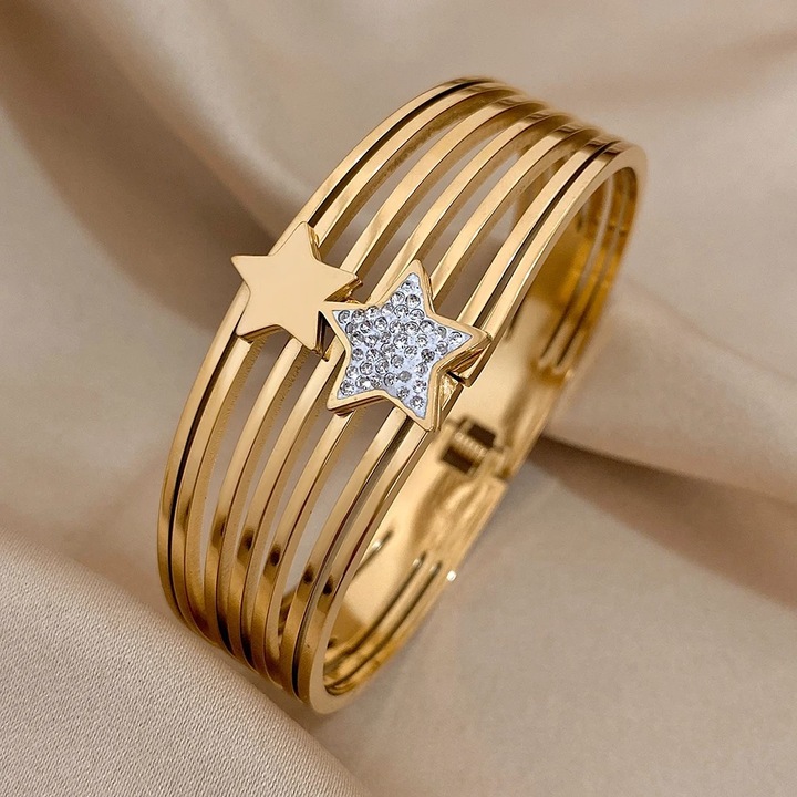 Bratara Zahra, aurie, cu zirconiu si model stele, din otel inoxidabil