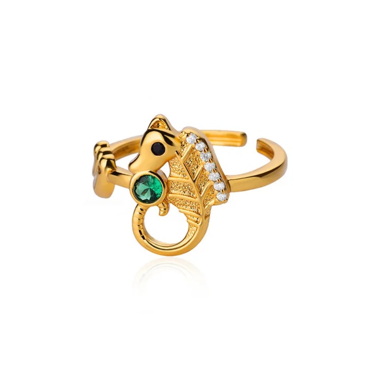 Inel Astrid, auriu, cu zirconiu, in forma de cal de mare, din otel inoxidabil, reglabil