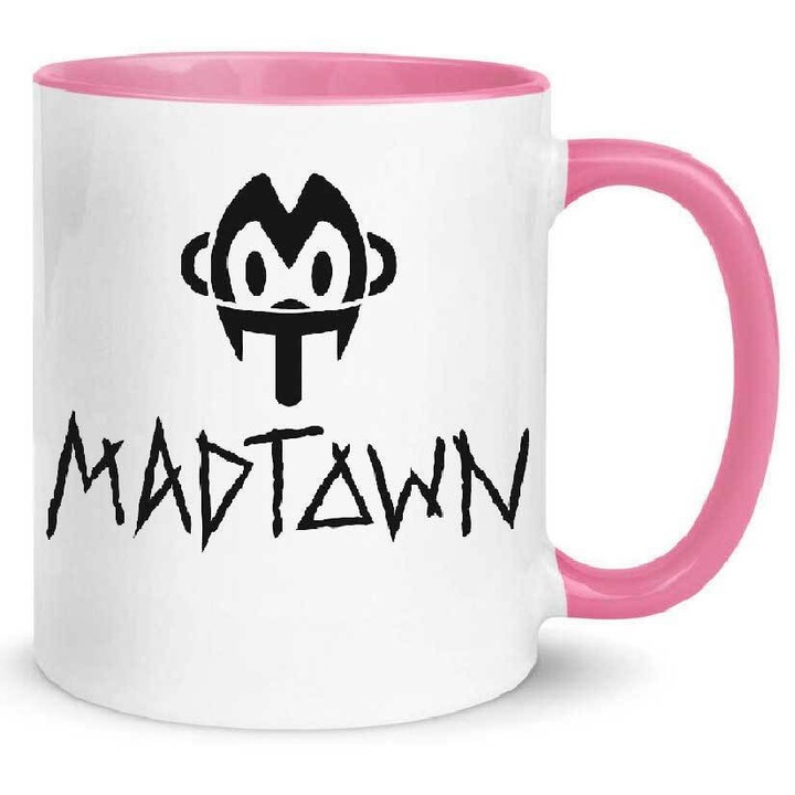 Cana Madtown Band No3, ceramica premium, 330ml, alb cu interior roz, maner ergonomic