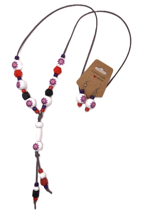 Set colier si cercei, realizat manual, multicolor, 50cm, lemn