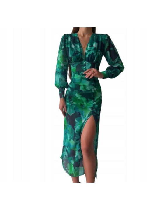 Nyári midi ruha, Pan i Pani Gadzet, sokszínű mintás, hosszú ujjú, V-nyakú, univerzális méret