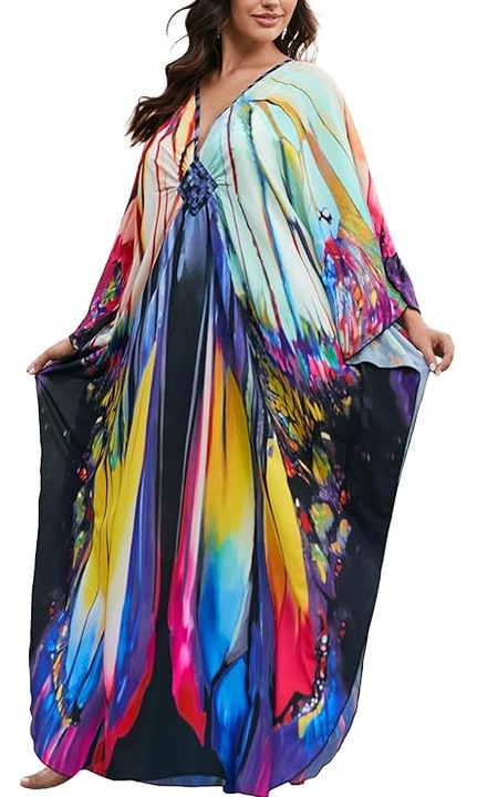 Rochie de plajă Kaftan pentru femei, multicolor, One Size, design cu imprimeuri delicate, maneci lejere