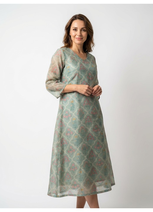 Rochie midi, gri vintage, bumbac si matase, Gri albastrui, 40