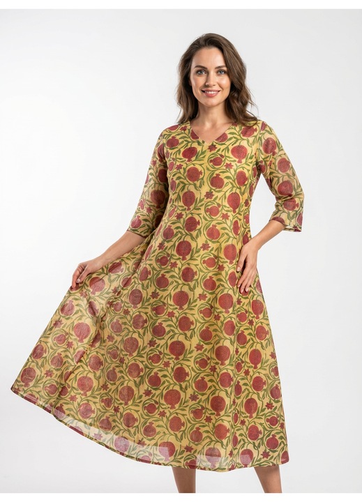 Rochie midi evazata, galben multicolor, bumbac si matase, Galben multicolor, 40