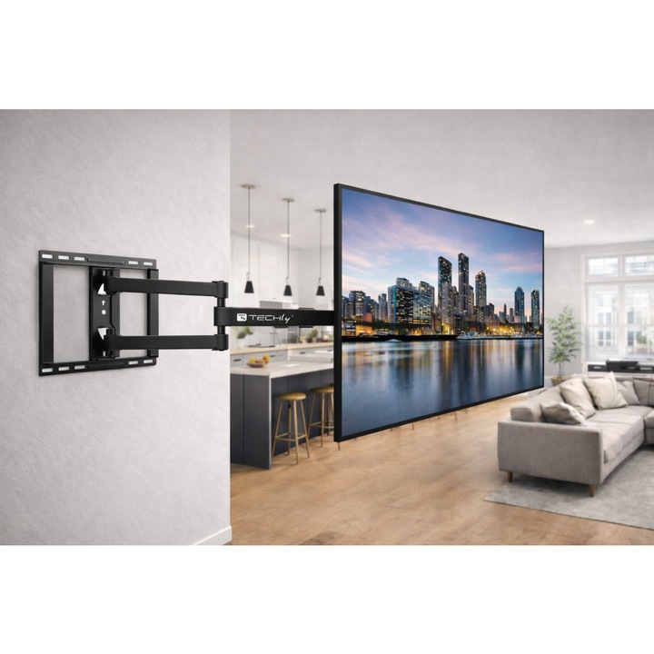 Suport TV de perete, profesional ELTEK®, Full Motion, brat extensibil, reglabil, inclinare si rotire, diagonala 32”–75” (81cm–190cm), greutate maxima sustinuta 45 kg, structura Heavy-Duty, VESA maxim 600 × 400, negru