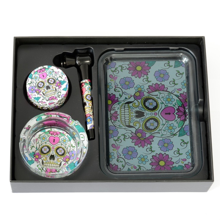 Set tava rulat tutun Calavera, scrumiera sticla, maruntitor metalic, minipipa metalica