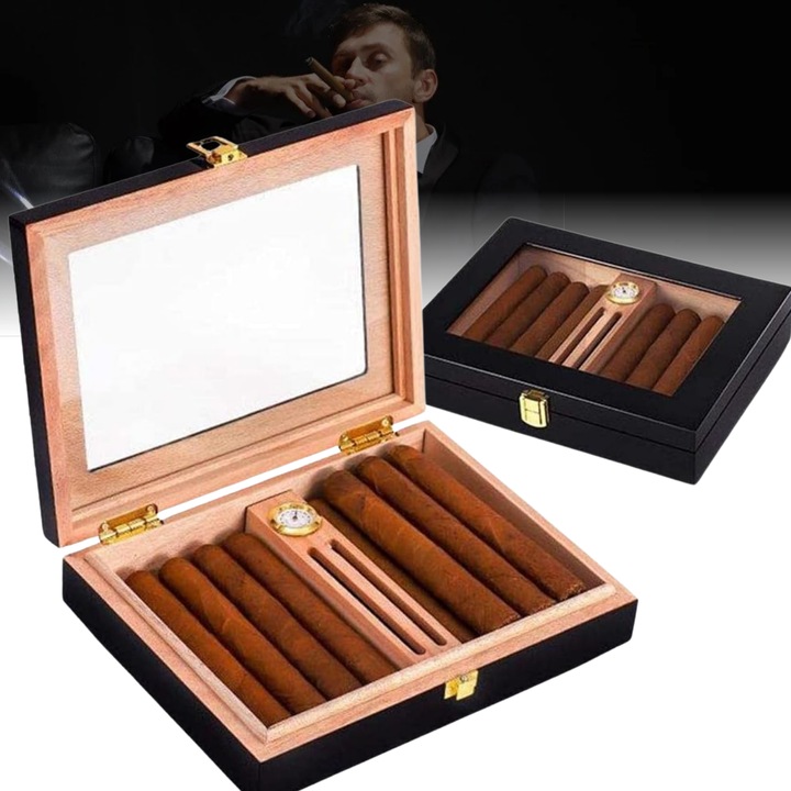 Humidor trabucuri din lemn de cedru, Luxofia, umidificator si higrometru, finisaj lucios, interior cedru aromat, 18 trabucuri, 23.8 x 18.8 x 4.8 cm, negru
