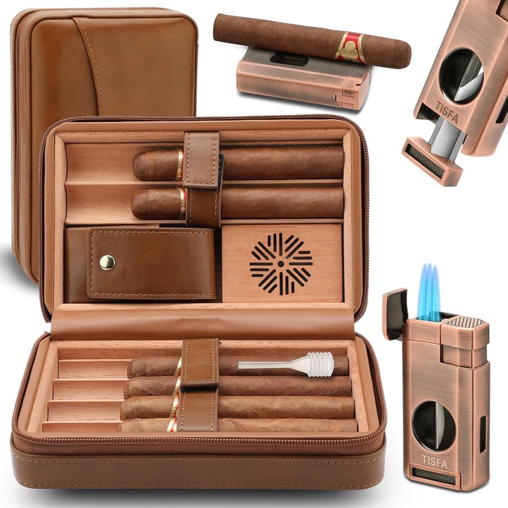 Humidor portabil trabucuri cu accesorii complete, Luxofia, 6 trabucuri, lemn cedru, higrometru si humidificator, bricheta torch 3 flacari cu cutter V integrat, husa piele, set premium cadou, maro