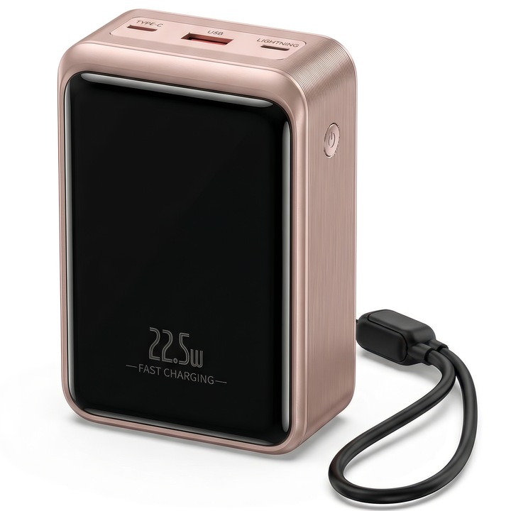 Baterie Externa Daden 20.000mAh, Power Bank Portabil, Incarcare Rapida 22.5W, 3 Porturi, Display LED, Compatibil Apple, Samsung, Universal, Cablu Inclus, Type-C, Lightning, Micro-USB, USB-A, Roz