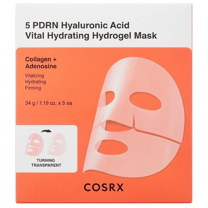 Masca hidrogel COSRX 5 PDRN cu acid hialuronic, set 3 bucăți, 34 g, pentru ten matur, hidratantă, revitalizantă