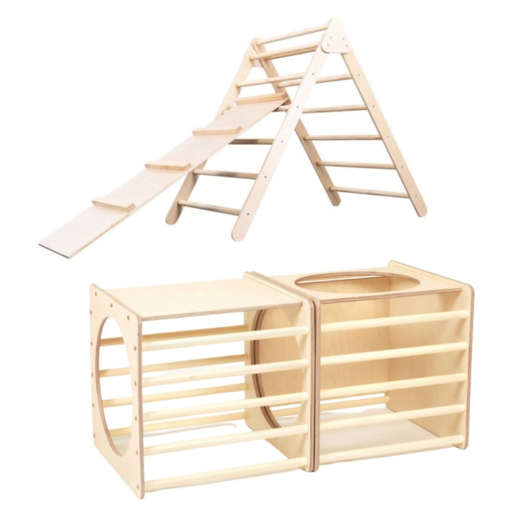 Set Montessori - triunghi Pikler și 2 cuburi Pikler, culori naturale, 56x61x50cm