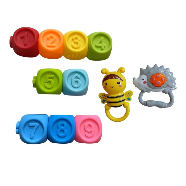 Комплект интерактивни кубчета за игра, 9 цифри, многоцветни, 4.5x4.5x4.5 см, със звук и дрънкалка, за деца над 3 месеца