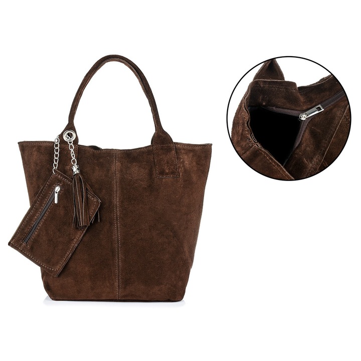 Дамска чанта за рамо, Vera Pelle, голяма, от естествена кожа, тъмнокафява, формат А4