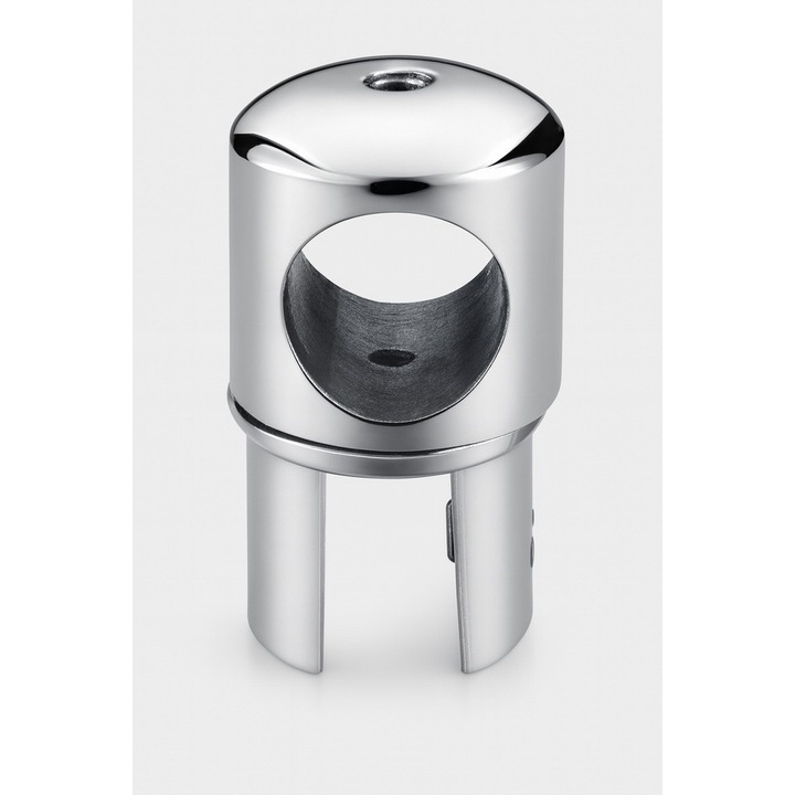 Conector stabilizare geam - teava 25mm, unghi reglabil, inox, cu trecere, culoare satinat