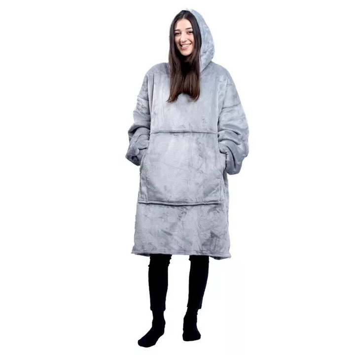 Túlméretezett Takaró Pulóver Kapucnival és Kenguru Zsebbel, Flanel és Polár 480g/nm, 135 cm Hosszúságú, Dupla Rétegű Sherpa + Polár, Elasztikus Mandzsetták, Uniszex, Szürke