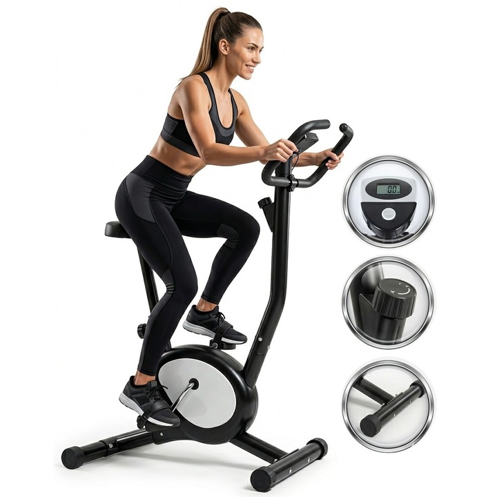 Bicicleta Fitness HomeGym X3Ride™ SilentRun, Ecran LED CardioTrack, Rezistenta Ajustabila SmartSpin, Sa ErgoComfort, Cadru Metalic StabiliMax, Pedale SafeStep, Ghidon 360°, Inaltime Reglabila, Antiderapant, Roti Transport, Black