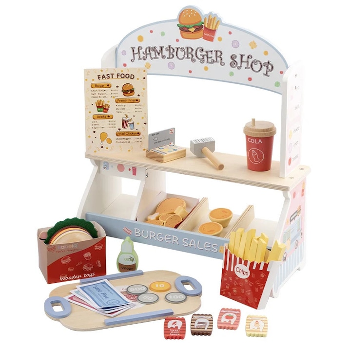 Set Complet de Joaca Hamburger Shop din Lemn pentru Copii