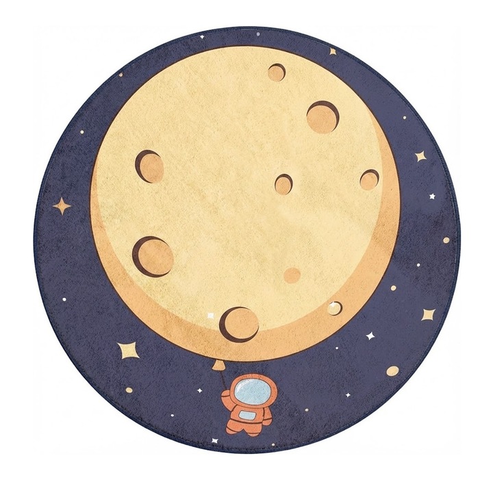 Covor de joaca rotund Giggles & Co. „Starborn Explorer”, Diametru 120 cm, Grosime 3 cm, Design Astronaut si Luna, Hipoalergenic, Memory Foam, Baza antiderapanta – Albastru/Galben
