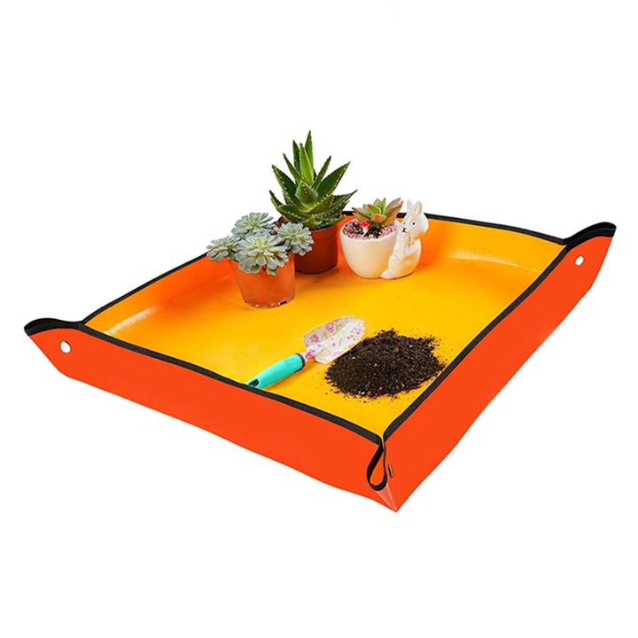 Covoras gradinarit gros 100x100 cm, galben-portocaliu, din PE impermeabil, pliabil, cu capse in 4 colturi, pentru schimbare ghivece, transplantare plante, rasaduri, balcon, terasa si curte