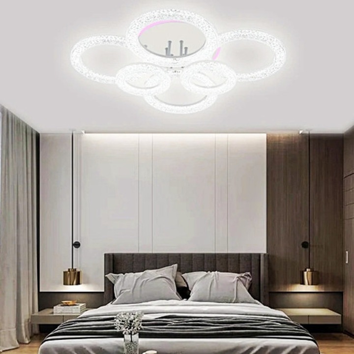 Lustra LED cu 3 tipuri de lumina si telecomanda, 100W, alba, intensitate reglabila, lumina rece/neutra/calda si RGB, IP21, aplicata, montaj tavan, rotunda, 80x60x17cm