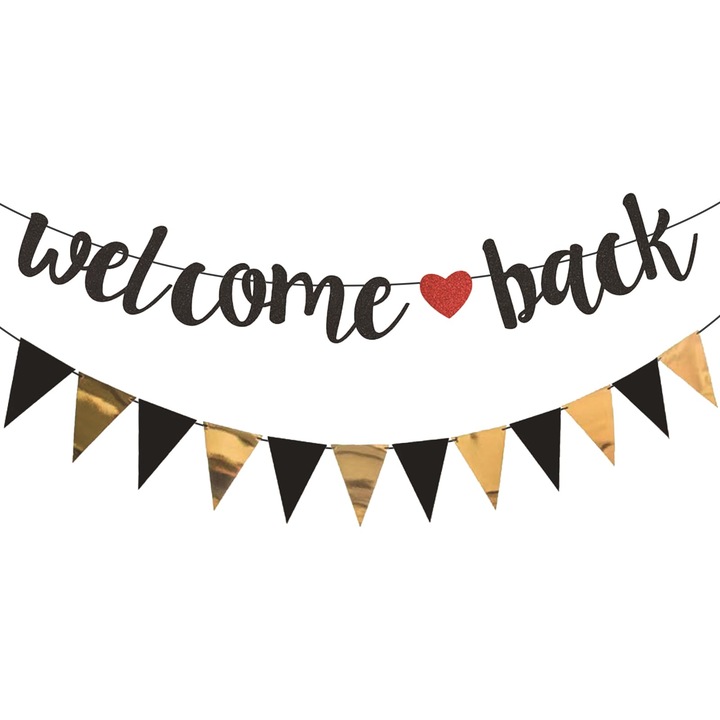 Ghirlanda decorativa Welcome Back cu fanioane – banner cu glitter negru si auriu