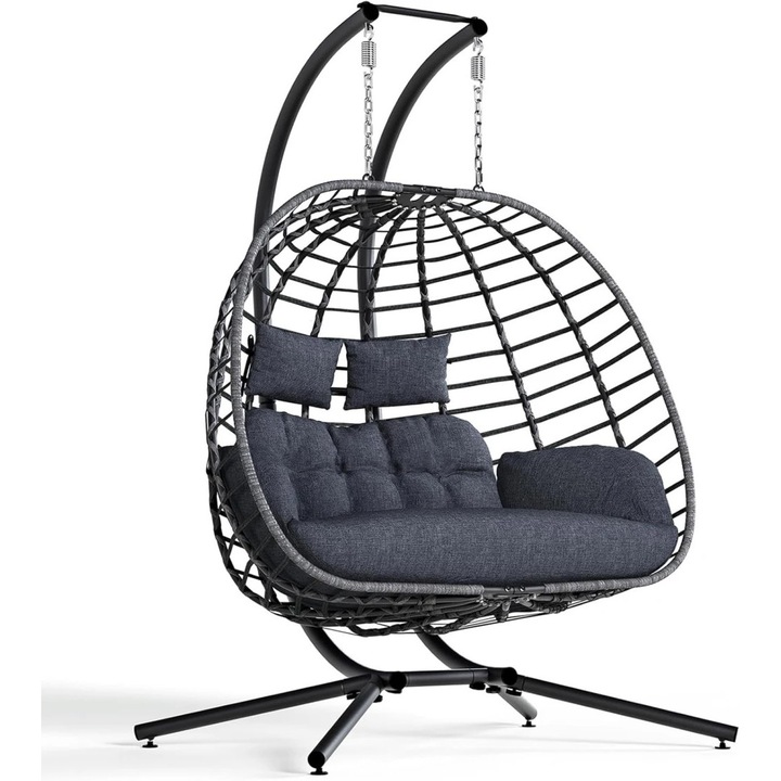 Leagan Tip Cuib Dublu Suspendat, TOPSCAUNE®, Balansoar pentru 2 Persoane cu Suport Metalic Stabil, Hamac din Ratan Sintetic Rezistent, cu Perne Detasabile Groase, Lant Reglabil, Capacitate 295 kg, Ideal pentru Gradina, Terasa, Balcon sau Interior, Gri